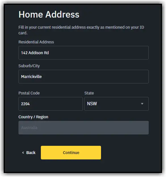 personal information Home address binance