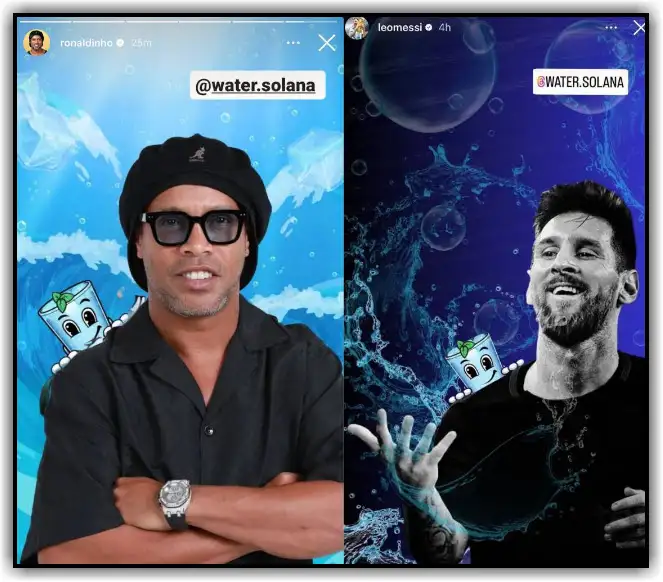 Photo of memecoin WATER with two soccer stars Ronaldinho and Messi