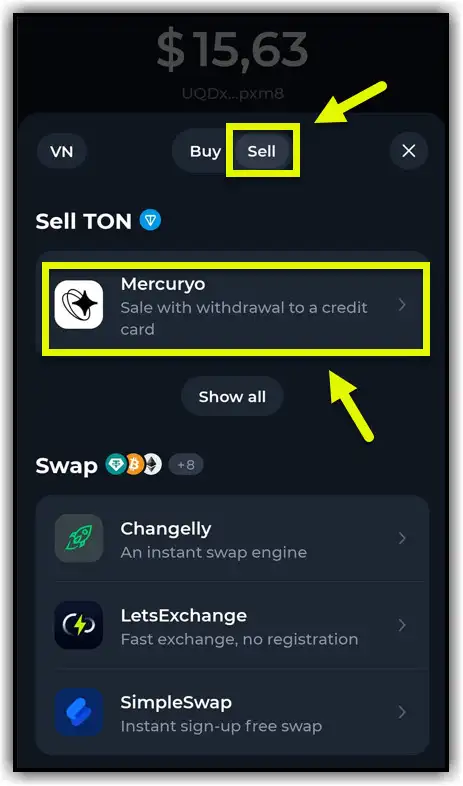 Sell toncoin Mercuryo